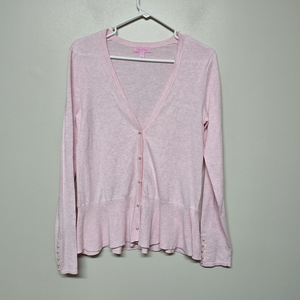 Lilly‎ Pulitzer Clarissa Sweater Cool Max Cardigan Pale Pink Pearl Ruffle Small